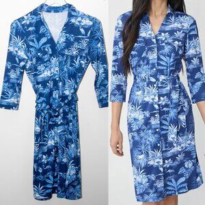 J. McLaughlin Brynn Dress Midi Quarter Sleeve Estuary Idyll Dark Blue White XS